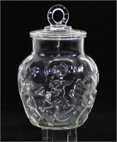 Clear Glass Cookie Jar W/Cookie Designs In Glass