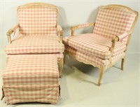 PAIR OF COUNTRY FRENCH PICKLED ARMHAIRS & OTTOMAN