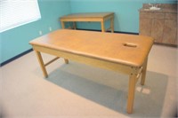 Wood and vinyl examination tables with face cut t