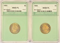 Pair Of Nice 1883 No Cent Liberty Nickels.