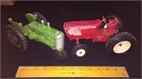 VINTAGE RED METAL ERTL TRACTOR AND A GREEN TRACTOR