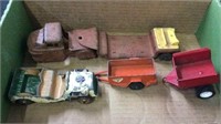 GROUPING-VINTAGE METAL TRUCK, JEEP, AND 2 TRAILERS