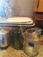 2 glass pitchers, sea shells, trays, coffee pot