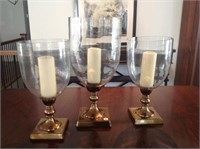 3 LARGE METAL AND GLASS CANDLEHOLDERS + CANDLES