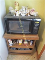 GE microwave w/ rollaround stand w/ contents: