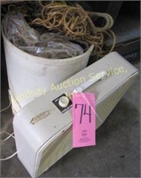 Box fan & barrel of misc rope, rebar, wood & other