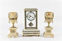 CHAMPLEVE & MARBLE MANTEL CLOCK AND URNS