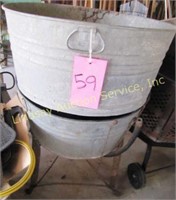 2 vintage galvanized wash tubs: 1 w/ rolling stand