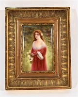 K.P.M. PLAQUE OF A LADY W/ RED DRESS & FLOWERS
