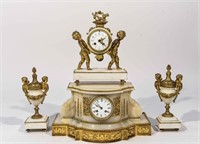 MARBLE AND BRASS CLOCK SET WITH URNS
