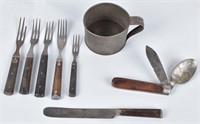 19TH CENTURY  FOLDING MESS TOOL, CUTLERY & CUP
