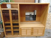 Wooden Entertainment Center with Glass Doors &
