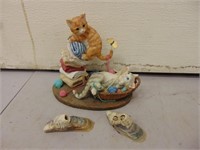 Playful Cat Figurine & (2) Sea Shells