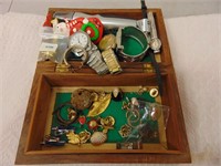 Wooden Box with Watches, Pins, Earrings & More