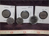 100 Years of 5 Cents (Nickels) 6pc US 5 Cent Coins