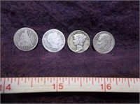 100 Years of Dimes 4pc US 10 Cent Coins - Silver
