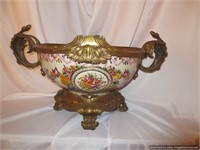 Large Brass trimmed Porcelain Painted Bowl
