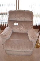 Action recliner, overstuffed, light brown