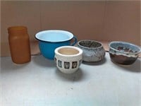 Orange jar, enamel bowl, ceramic bowls