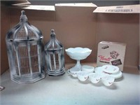 2 deco birdcage wall hangings, white glass