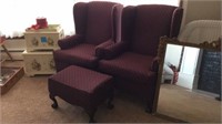 Pair Winged Back Chairs w/Foot Stool