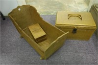 Wooden Crib / Box & Vintage Sewing Supplies / Tote