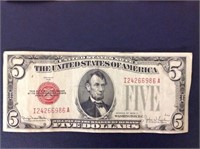 1928"F" 5 DOLLAR BILL-U.S. NOTE- WASHINGTON DC