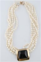 14k Yellow Gold Black Onyx & FW Pearl Necklace