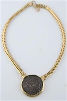 Ladies 18k Yellow Gold Antique Coin Necklace
