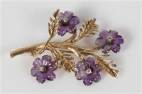 14k Gold, Diamond and Amethyst Carved Flower Pin