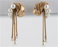 Ladies 14k Yellow Gold Pearl Dangle Earrings