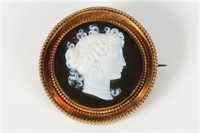14k Gold Hard Stone and Onyx Cameo Pendant Brooch