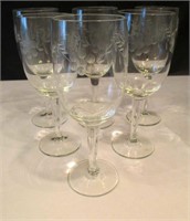 Set of 6 Etched Wine Glasses