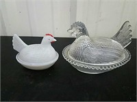 (2) Glass Nesting Chickens-Cute