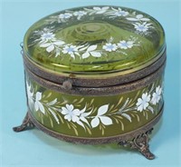 VINTAGE GREEN GLASS FLOWER PAINTED LIDDED BOX