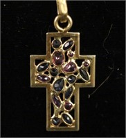 "18KT" YELLOW GOLD CROSS WITH RUBIES & SAPPHIRES