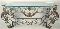 NEOCLASSICAL IRON BASE GLASS TOP CONSOLE TABLE
