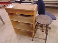 Wooden Shelf, 2 stools and 2 office chairs