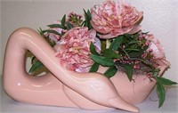 LARGE UNMARKED POTTERY PINK SWAN PLANTER/VASE