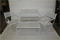 4pc Painted Metal Paio Bench, 2 Arm Chairs, Coffee