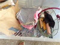 Vintage pieces of quilt material, wire basket