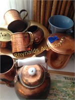 Copper tea pot, water cans, alarm clock, more