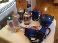 coffee pots, camping utensils, elec light, bean p