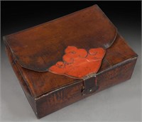 Late 19th C. Chinese brown leather scroll box