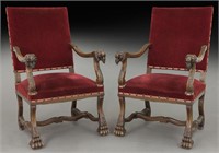 Pr. Late 19th C. French upholstered armchairs,