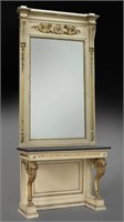 French gilt and painted mirror and console,