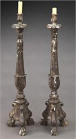 Pr. 18th C. carved wood silvered candle stands,