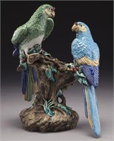 French majolica sculpture depicting two parrots