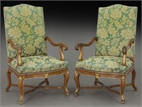 Pr. Italian walnut upholstered armchairs