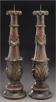Pr. parcel-gilt carved wood candle holders,